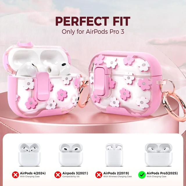 Alt view image 2 of 7 - for AirPods Pro 3 Case 2025 3rd Generation with Cleaner Kit,Pink Flowers Protective Cover with Lock/Stand Compatible with Apple New Air Podspro3,Cute Clear Headphone Case with Keychain Accessories