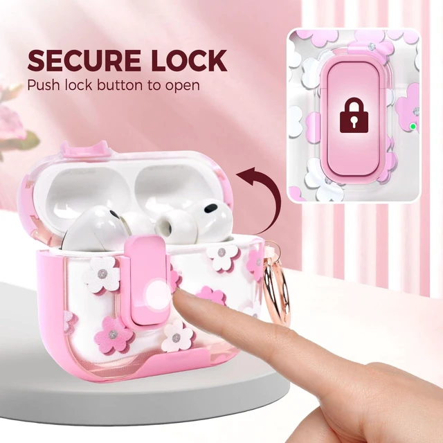 Alt view image 3 of 7 - for AirPods Pro 3 Case 2025 3rd Generation with Cleaner Kit,Pink Flowers Protective Cover with Lock/Stand Compatible with Apple New Air Podspro3,Cute Clear Headphone Case with Keychain Accessories