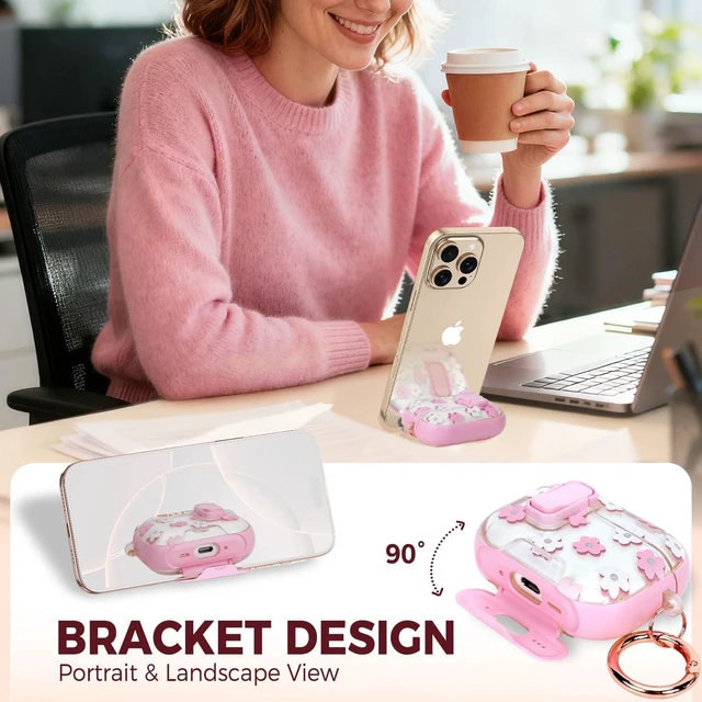 Alt view image 4 of 7 - for AirPods Pro 3 Case 2025 3rd Generation with Cleaner Kit,Pink Flowers Protective Cover with Lock/Stand Compatible with Apple New Air Podspro3,Cute Clear Headphone Case with Keychain Accessories