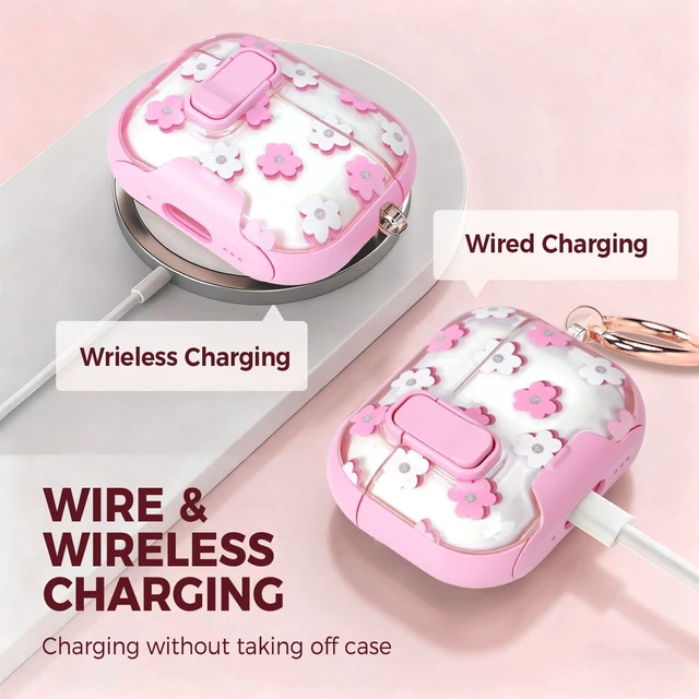 Alt view image 6 of 7 - for AirPods Pro 3 Case 2025 3rd Generation with Cleaner Kit,Pink Flowers Protective Cover with Lock/Stand Compatible with Apple New Air Podspro3,Cute Clear Headphone Case with Keychain Accessories