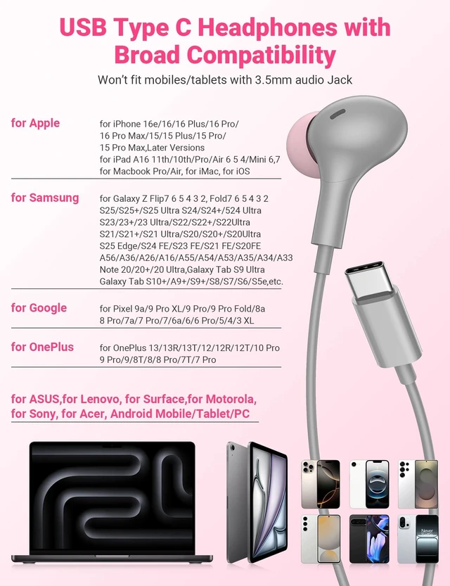 Alt view image 6 of 7 - USB C Wired Earbuds for iPhone 18 Pro Max 17 16 in-Ear Headphones with Mic Magnetic Noise Isolation Corded Type C Earphones for iPad A16/Galaxy S26 A57 A37 Z Fold8/Pixel 11/Chromebook School Grey
