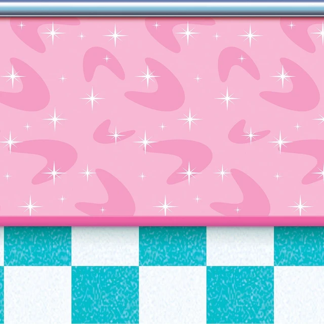 Main image of Plastic 50s Theme Photography Backdrop Retro 1950s Rock and Roll Photo Booth Background Soda Shop Diner Sock Hop Party Decorations, 4' x 30', Multicolored