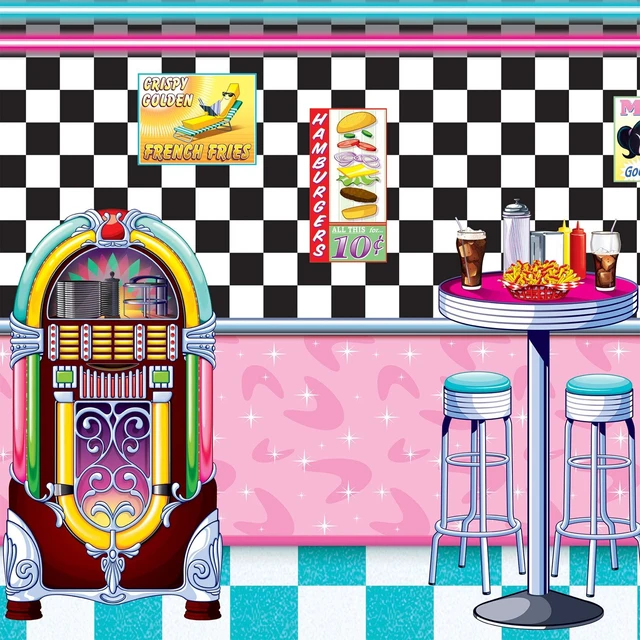 Alt view image 4 of 5 - Plastic 50s Theme Photography Backdrop Retro 1950s Rock and Roll Photo Booth Background Soda Shop Diner Sock Hop Party Decorations, 4' x 30', Multicolored