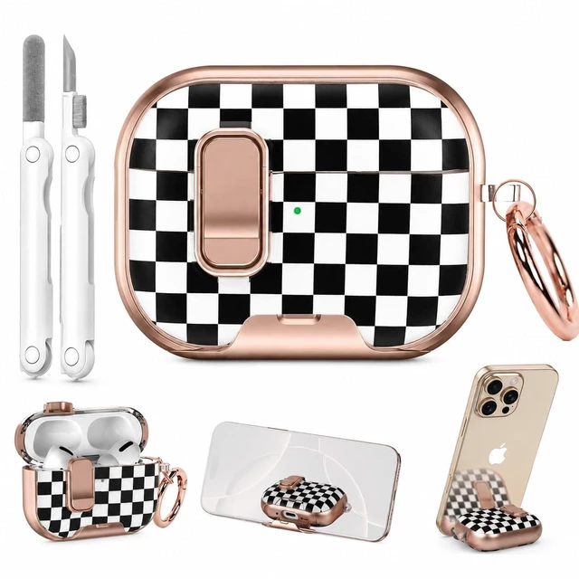 Main image of for AirPods Pro 3 Case with Cleaner Kit, Checker Cover, Lock & Stand Black Checkerboard Print with Gold Accents, Two-Piece Design, Secure Lock, Built-In Phone Stand, Keychain & TPU+PC Material
