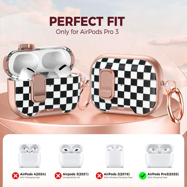 Alt view image 2 of 7 - for AirPods Pro 3 Case with Cleaner Kit, Checker Cover, Lock & Stand Black Checkerboard Print with Gold Accents, Two-Piece Design, Secure Lock, Built-In Phone Stand, Keychain & TPU+PC Material