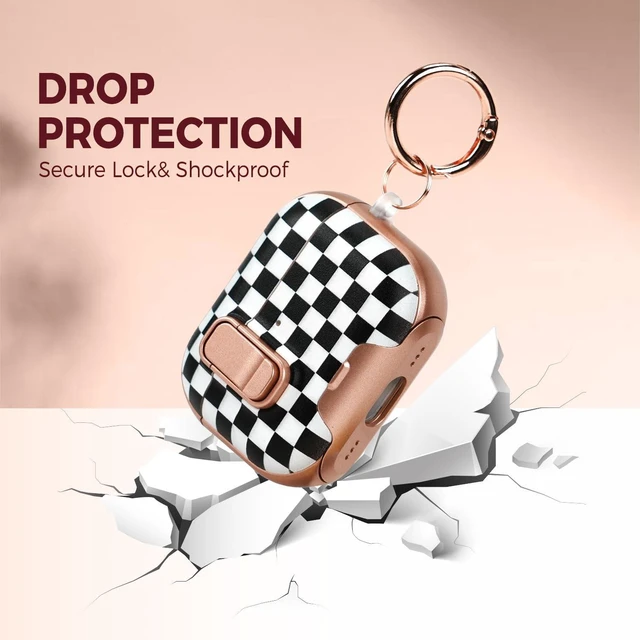 Alt view image 5 of 7 - for AirPods Pro 3 Case with Cleaner Kit, Checker Cover, Lock & Stand Black Checkerboard Print with Gold Accents, Two-Piece Design, Secure Lock, Built-In Phone Stand, Keychain & TPU+PC Material
