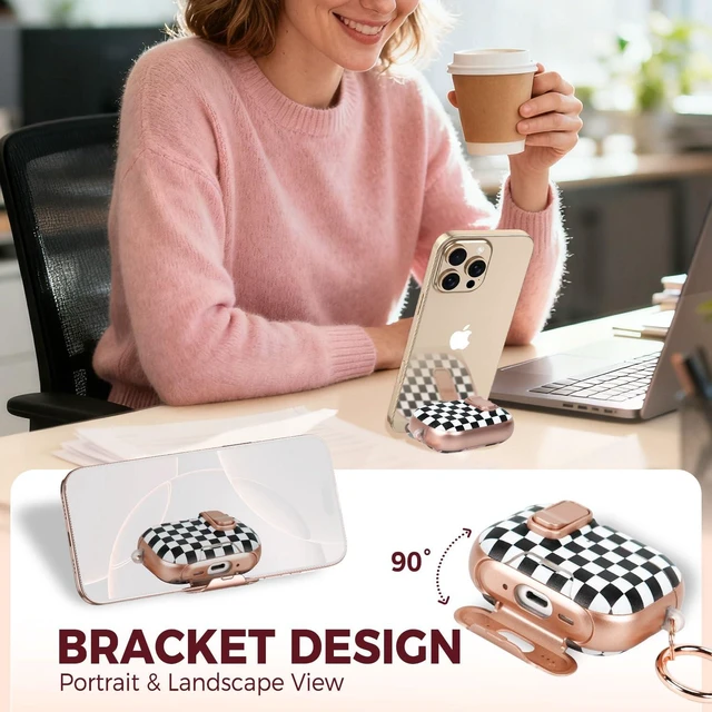 Alt view image 4 of 7 - for AirPods Pro 3 Case with Cleaner Kit, Checker Cover, Lock & Stand Black Checkerboard Print with Gold Accents, Two-Piece Design, Secure Lock, Built-In Phone Stand, Keychain & TPU+PC Material