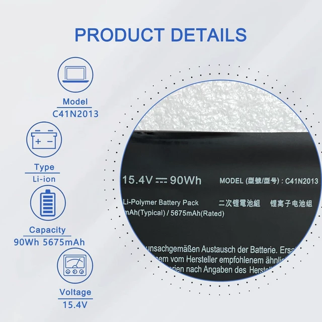 Alt view image 2 of 6 - C41N2013 C41N2013-1 90Wh Battery Replacement for Asus ROG Strix G15 G533 G17 G733 Rog Strix Scar 15 G513 17 G713 Zephyrus M16 GU603 G15 GA503 S17 GX703 Series 15.4V 5675mAh