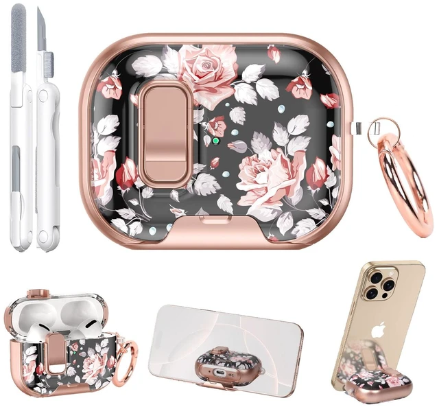 Main image of for AirPods Pro 3 Case with Cleaner Kit, Checker Cover, Lock & Stand Black Rose Floral Print, Rose Gold Accents, Secure Lock, Built-In Phone Stand, Cute Keychain, Gift for Girls