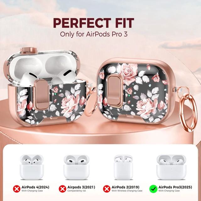 Alt view image 2 of 7 - for AirPods Pro 3 Case with Cleaner Kit, Checker Cover, Lock & Stand Black Rose Floral Print, Rose Gold Accents, Secure Lock, Built-In Phone Stand, Cute Keychain, Gift for Girls