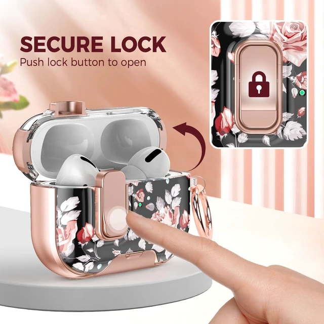 Alt view image 3 of 7 - for AirPods Pro 3 Case with Cleaner Kit, Checker Cover, Lock & Stand Black Rose Floral Print, Rose Gold Accents, Secure Lock, Built-In Phone Stand, Cute Keychain, Gift for Girls