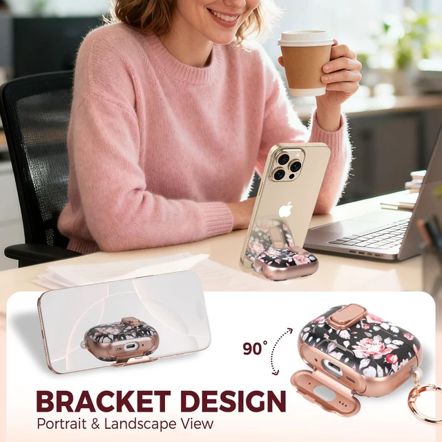 Alt view image 4 of 7 - for AirPods Pro 3 Case with Cleaner Kit, Checker Cover, Lock & Stand Black Rose Floral Print, Rose Gold Accents, Secure Lock, Built-In Phone Stand, Cute Keychain, Gift for Girls