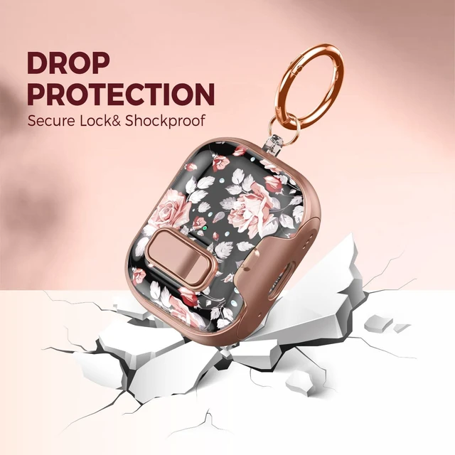 Alt view image 5 of 7 - for AirPods Pro 3 Case with Cleaner Kit, Checker Cover, Lock & Stand Black Rose Floral Print, Rose Gold Accents, Secure Lock, Built-In Phone Stand, Cute Keychain, Gift for Girls