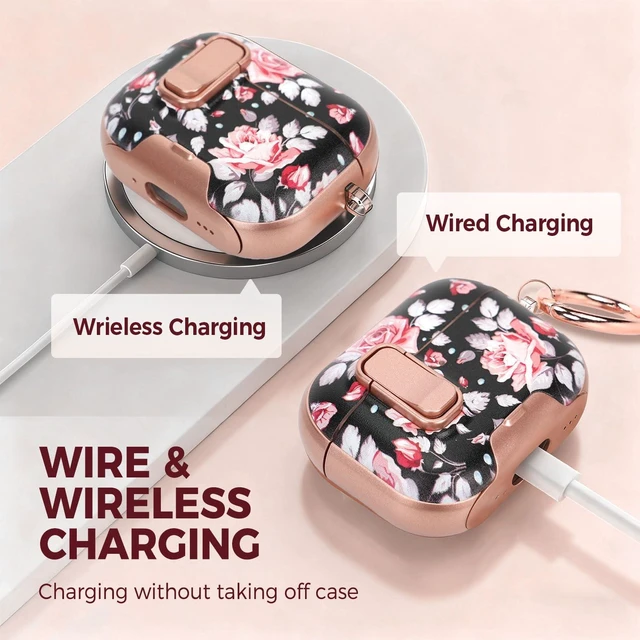 Alt view image 6 of 7 - for AirPods Pro 3 Case with Cleaner Kit, Checker Cover, Lock & Stand Black Rose Floral Print, Rose Gold Accents, Secure Lock, Built-In Phone Stand, Cute Keychain, Gift for Girls