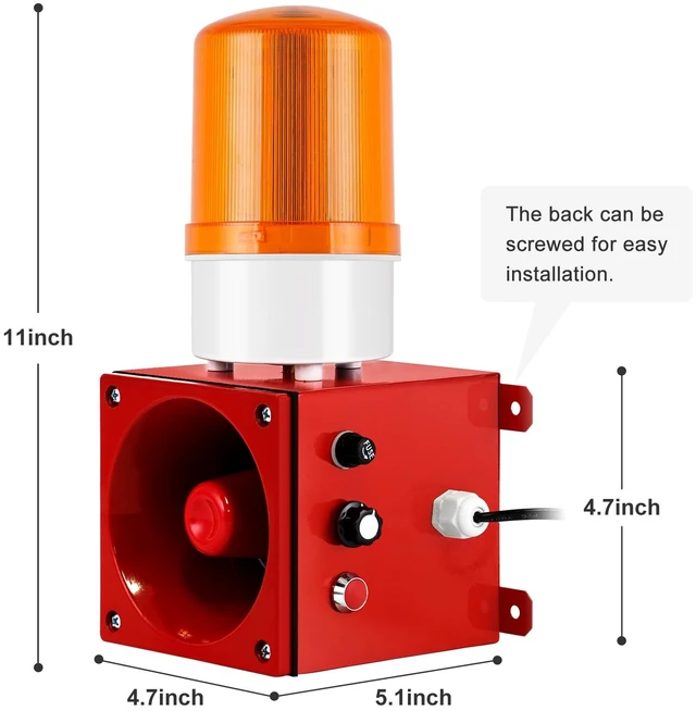 Alt view image 7 of 7 - Industrial Siren Alarm 0-120dB, IP66 Waterproof Outdoor Strobe Warning Light with Tone, Volume Adjustable, for Office, Home, Warehouse, Intruders, Emergency, Tornado, Animal Deterrent 110V
