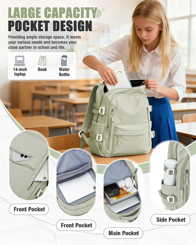 Alt view image 3 of 7 - College Laptop Backpack for Women,Cute Backpack,Bookbag,Green Lightweight Waterproof Casual Daypack,Travel Essentials,Carry on 15.6 Inch Backpack,Teacher Work Bags