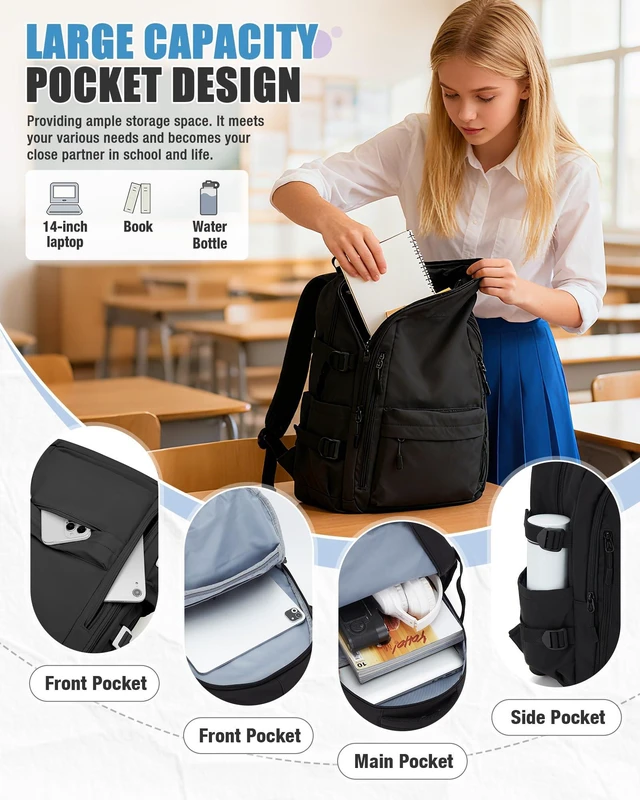 Alt view image 3 of 7 - Lightweight Black Backpack for Men Women,College Laptop Backpack Cute Waterproof Casual Daypack,Work College Essentials,Carry on Bag,Bookbag,Fits 15.6" Laptop,mochila de viaje