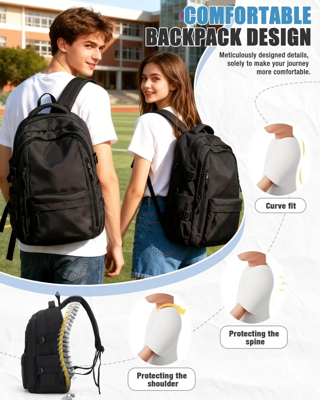 Alt view image 4 of 7 - Lightweight Black Backpack for Men Women,College Laptop Backpack Cute Waterproof Casual Daypack,Work College Essentials,Carry on Bag,Bookbag,Fits 15.6" Laptop,mochila de viaje