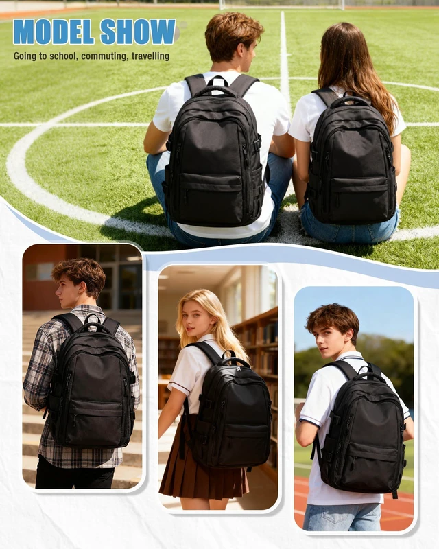 Alt view image 6 of 7 - Lightweight Black Backpack for Men Women,College Laptop Backpack Cute Waterproof Casual Daypack,Work College Essentials,Carry on Bag,Bookbag,Fits 15.6" Laptop,mochila de viaje