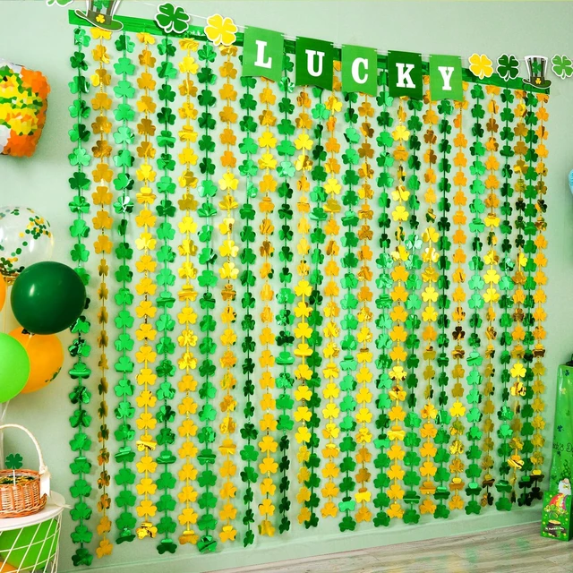 Main image of 2-Pack St. Patrick's Day Tinsel Curtains, Green and Gold Shamrock, 3.3 x 6.6 ft, Photo Booth Props Backdrop, Stage Decorations, Irish Party Decorations