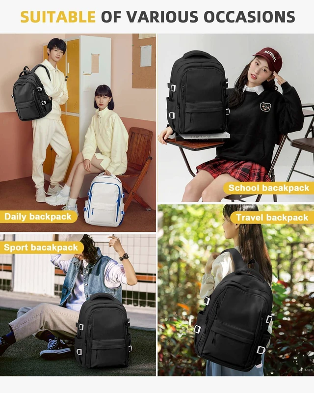 Alt view image 7 of 7 - Lightweight Black Backpack for Men Women,College Laptop Backpack Cute Waterproof Casual Daypack,Work College Essentials,Carry on Bag,Bookbag,Fits 15.6" Laptop,mochila de viaje
