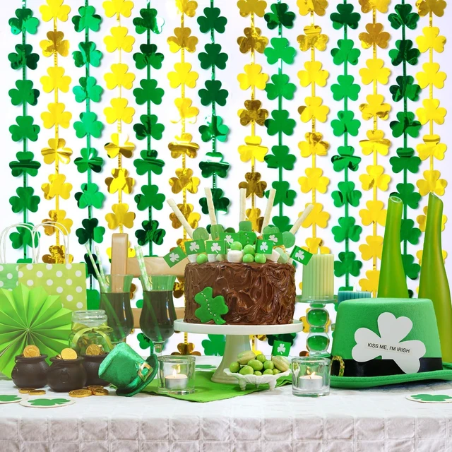 Alt view image 4 of 7 - 2-Pack St. Patrick's Day Tinsel Curtains, Green and Gold Shamrock, 3.3 x 6.6 ft, Photo Booth Props Backdrop, Stage Decorations, Irish Party Decorations