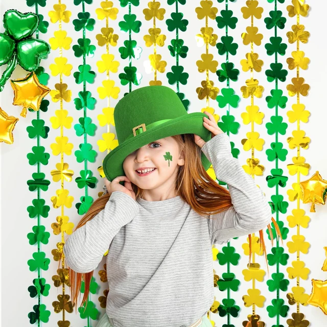 Alt view image 2 of 7 - 2-Pack St. Patrick's Day Tinsel Curtains, Green and Gold Shamrock, 3.3 x 6.6 ft, Photo Booth Props Backdrop, Stage Decorations, Irish Party Decorations