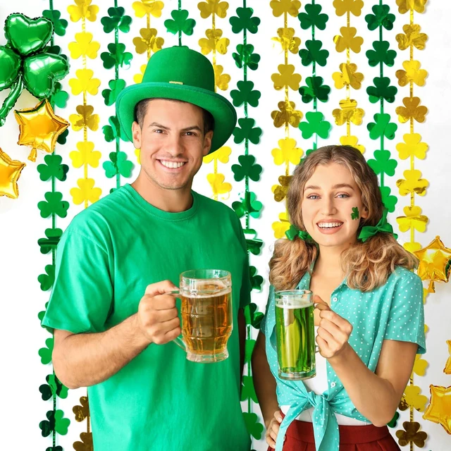 Alt view image 7 of 7 - 2-Pack St. Patrick's Day Tinsel Curtains, Green and Gold Shamrock, 3.3 x 6.6 ft, Photo Booth Props Backdrop, Stage Decorations, Irish Party Decorations