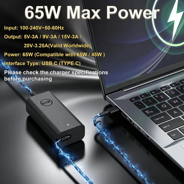 Alt view image 4 of 7 - 65W USB C Laptop Charger Fit for Dell Latitude 5420 Inspiron XPS Precision 20V 3.25A Type C PD Fast Charging AC Adapter Compatible with Dell Pro Vostro Chromebook 450-BFMC YYDXV DA65NM190 Power Supply