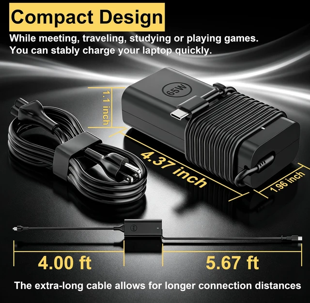 Alt view image 7 of 7 - 65W USB C Laptop Charger Fit for Dell Latitude 5420 Inspiron XPS Precision 20V 3.25A Type C PD Fast Charging AC Adapter Compatible with Dell Pro Vostro Chromebook 450-BFMC YYDXV DA65NM190 Power Supply