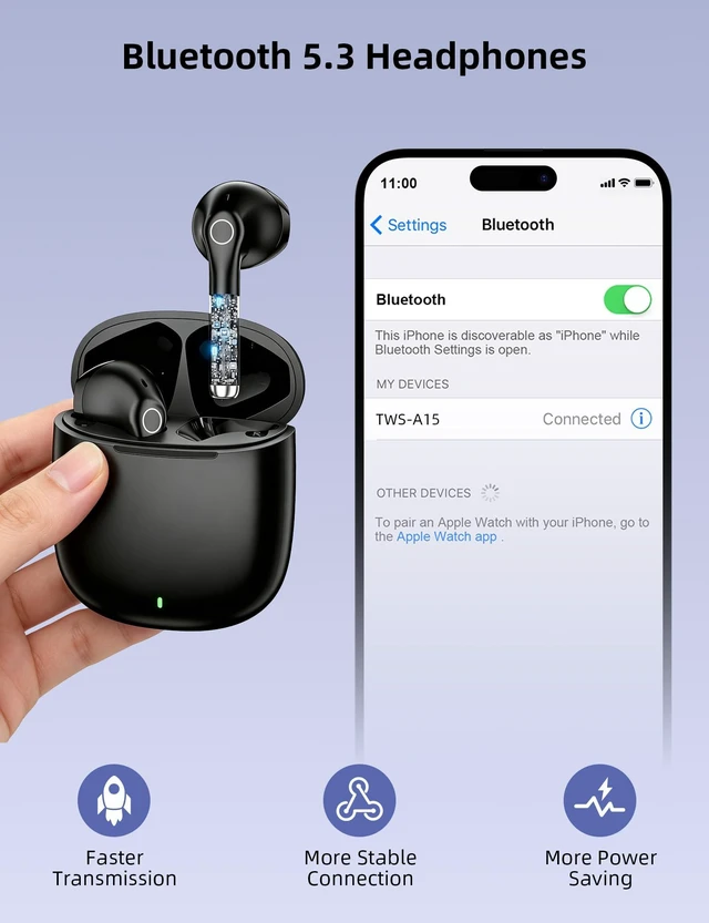 Alt view image 3 of 7 - Bluetooth Headphones True Wireless Earbuds for Laptop Smartphone TV All Day Playback Stereo Earphones for iPhone/Samsung/Google Bluetooth 5.3 Earbuds with Mic Headsets for Sport Working Black