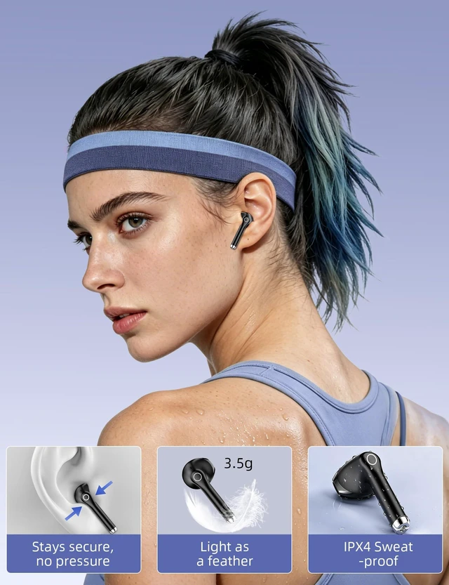 Alt view image 4 of 7 - Bluetooth Headphones True Wireless Earbuds for Laptop Smartphone TV All Day Playback Stereo Earphones for iPhone/Samsung/Google Bluetooth 5.3 Earbuds with Mic Headsets for Sport Working Black