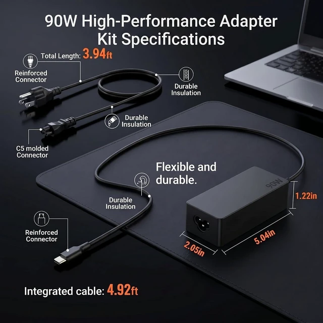 Alt view image 4 of 7 - 90W USB C Laptop Charger Compatible with Lenovo ThinkPad X1 Carbon / T14 / T14s / Yoga 7i / 9i Windows Laptops