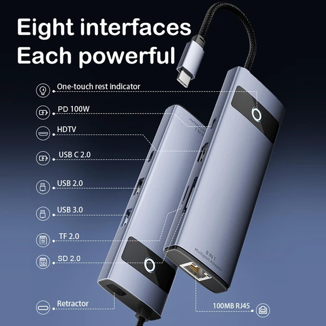 Alt view image 3 of 7 - 8-in-1 USB C Hub Privacy Screen Off Button 4K HDMI Laptop One-touch display mute switch with 10Gbps high speed data, 100W PD & RJ45