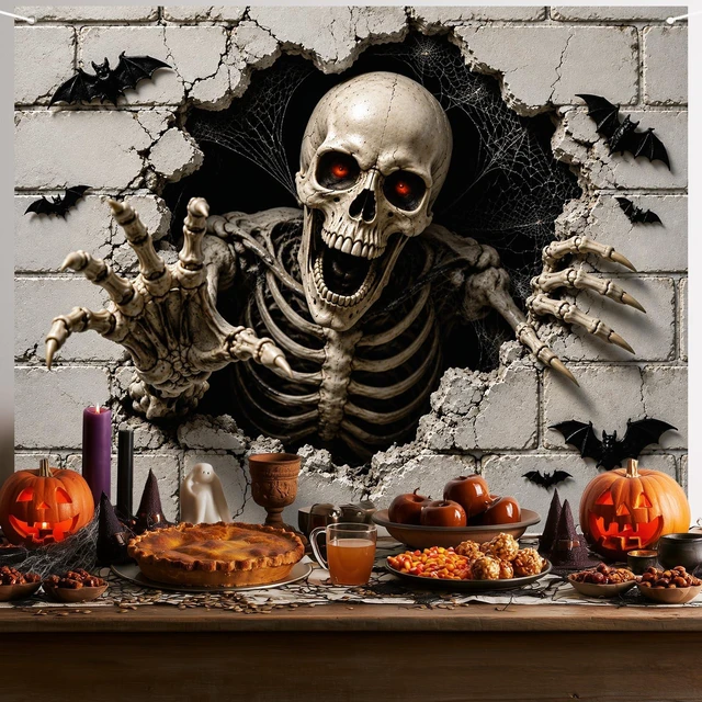 Alt view image 2 of 7 - Halloween Skeleton Backdrop 91 x 71 Inch Scary Broken Wall Banner with Skull Bats Spider Web, Haunted House Party Photo Booth Decorations for Indoor Outdoor Wall Decor
