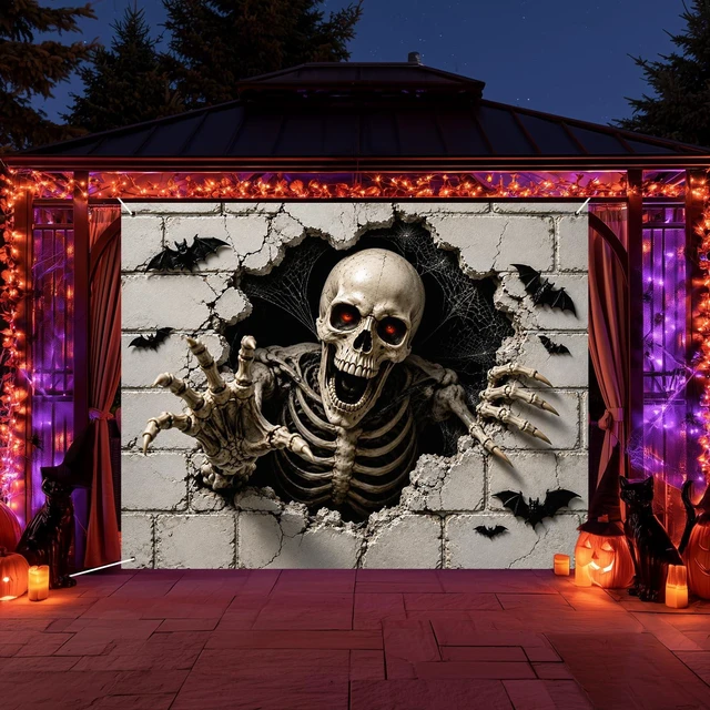 Alt view image 3 of 7 - Halloween Skeleton Backdrop 91 x 71 Inch Scary Broken Wall Banner with Skull Bats Spider Web, Haunted House Party Photo Booth Decorations for Indoor Outdoor Wall Decor
