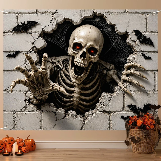 Alt view image 4 of 7 - Halloween Skeleton Backdrop 91 x 71 Inch Scary Broken Wall Banner with Skull Bats Spider Web, Haunted House Party Photo Booth Decorations for Indoor Outdoor Wall Decor