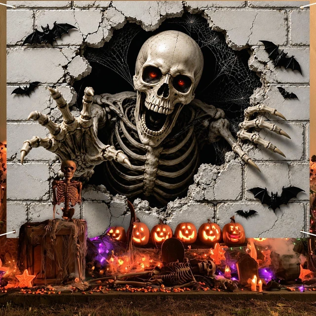 Alt view image 5 of 7 - Halloween Skeleton Backdrop 91 x 71 Inch Scary Broken Wall Banner with Skull Bats Spider Web, Haunted House Party Photo Booth Decorations for Indoor Outdoor Wall Decor