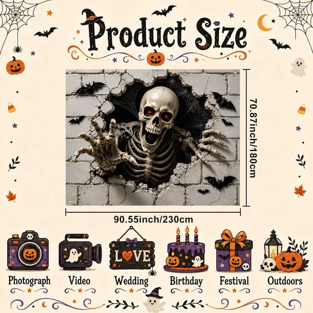 Alt view image 6 of 7 - Halloween Skeleton Backdrop 91 x 71 Inch Scary Broken Wall Banner with Skull Bats Spider Web, Haunted House Party Photo Booth Decorations for Indoor Outdoor Wall Decor