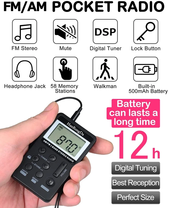 Alt view image 2 of 7 - Portable Radio AM/FM Receiver with Excellent Reception and Stereo Sound, Pocket Radios with 58 Preset Stations, Built-in 500mAh Battery for Walking, Jogging, Mowing and Traveling HRD-103