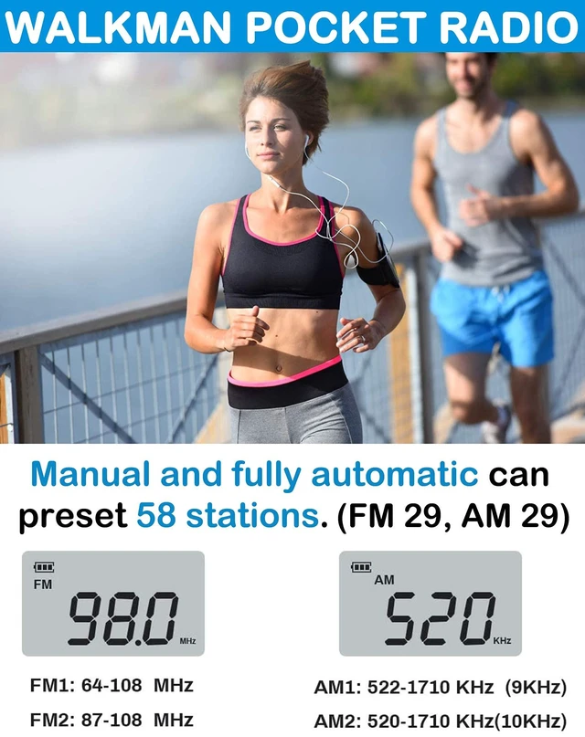 Alt view image 4 of 7 - Portable Radio AM/FM Receiver with Excellent Reception and Stereo Sound, Pocket Radios with 58 Preset Stations, Built-in 500mAh Battery for Walking, Jogging, Mowing and Traveling HRD-103