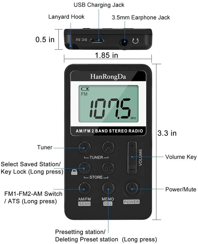 Alt view image 6 of 7 - Portable Radio AM/FM Receiver with Excellent Reception and Stereo Sound, Pocket Radios with 58 Preset Stations, Built-in 500mAh Battery for Walking, Jogging, Mowing and Traveling HRD-103