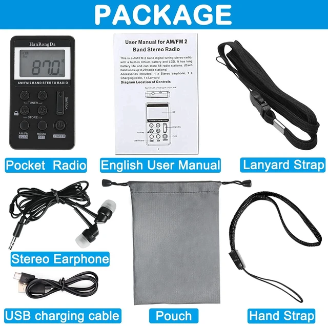 Alt view image 7 of 7 - Portable Radio AM/FM Receiver with Excellent Reception and Stereo Sound, Pocket Radios with 58 Preset Stations, Built-in 500mAh Battery for Walking, Jogging, Mowing and Traveling HRD-103