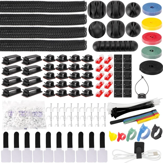 Main image of 604 Pcs Cable Management Kit, 4 Cord Organizer Sleeve, 7 Cable Holder, 38 Adhesive Cord Clips, 40 Pcs+5 Roll Cable Organizer Straps 200 Cable Ties 300 Cable Wire Clips for PC TV Under Desk