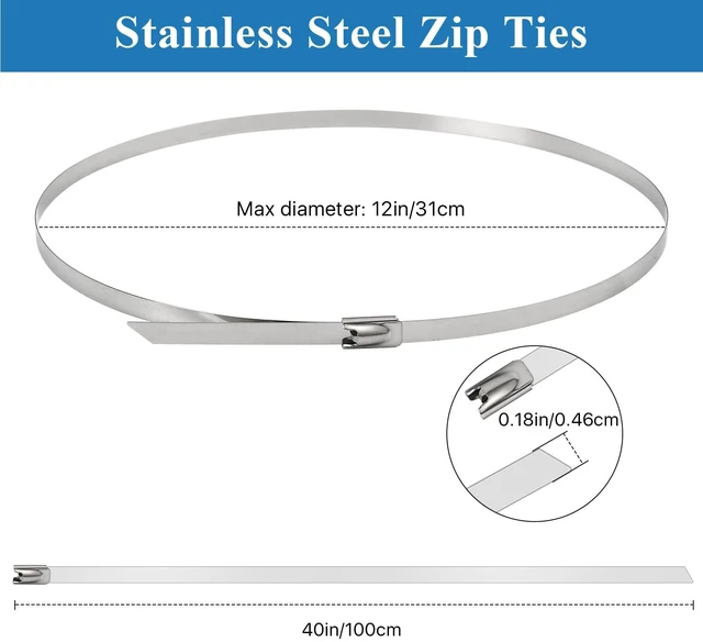 Alt view image 3 of 7 - 50PCS Metal Zip Ties, 40 Inch Heavy Duty Stainless Steel Cable Ties, 250LB 1000mm Multi-purpose Self-locking Cable Wire Ties for Outdoor Fence Farms Machinery Vehicles Binding