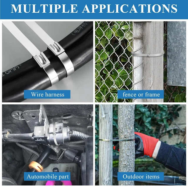 Alt view image 7 of 7 - 50PCS Metal Zip Ties, 40 Inch Heavy Duty Stainless Steel Cable Ties, 250LB 1000mm Multi-purpose Self-locking Cable Wire Ties for Outdoor Fence Farms Machinery Vehicles Binding