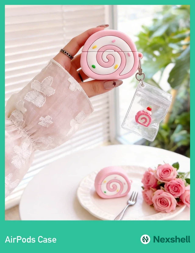 Alt view image 5 of 7 - for AirPods 3rd Gen Case Cute, Kawaii 3D Silicon Pink Food Case with Keychain, Swiss Roll Shapes Design, Protective Shockproof Cover, Gift for Women Girls Teens Kids