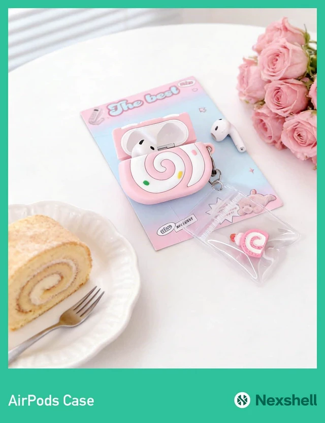 Alt view image 6 of 7 - for AirPods 3rd Gen Case Cute, Kawaii 3D Silicon Pink Food Case with Keychain, Swiss Roll Shapes Design, Protective Shockproof Cover, Gift for Women Girls Teens Kids