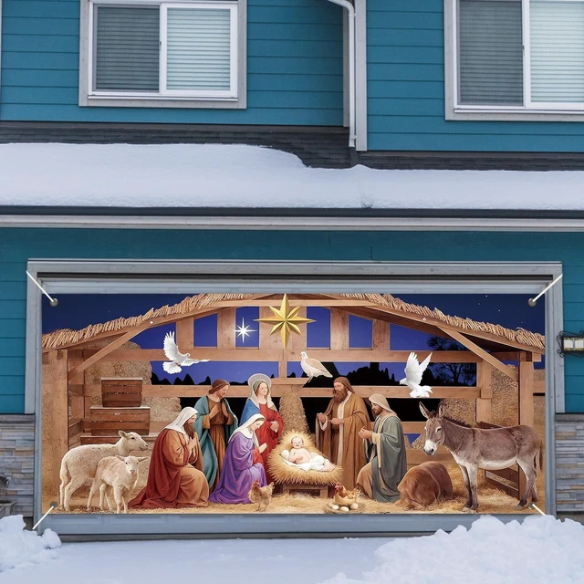 Alt view image 4 of 7 - 16x7ft Christmas Garage Door Banner Nativity Garage Door Covers Large Holy Nativity Stable Scene Christmas Backdrop Decorations for Winter Church Xmas Eve Holiday Outdoor Wall Decor(Religious)