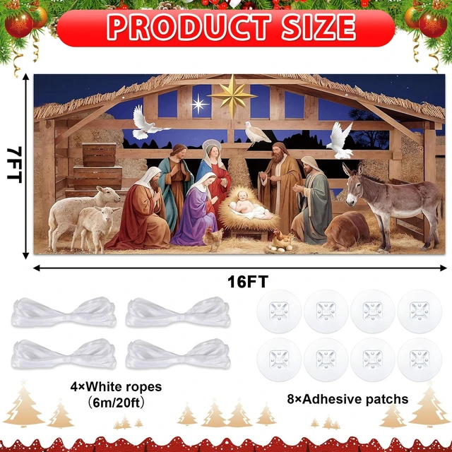 Alt view image 2 of 7 - 16x7ft Christmas Garage Door Banner Nativity Garage Door Covers Large Holy Nativity Stable Scene Christmas Backdrop Decorations for Winter Church Xmas Eve Holiday Outdoor Wall Decor(Religious)